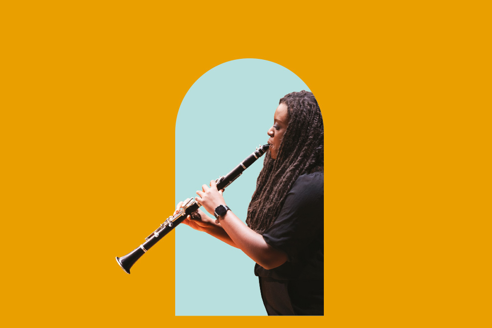 Black female student playing the clarinet to the side, with egg blue arch, with an orange background.